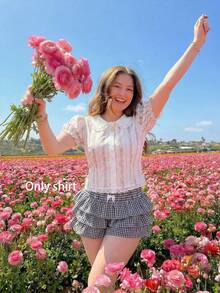 SHEIN MOD Áo sơ mi mùa hè cỡ lớn phối ren và hoa, kiểu dáng bong bóng, phong cách nghỉ dưỡng đồng quê, thời trang nữ tính. - Nhiều màu - Xem 5