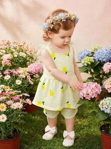 SHEIN Playful Pals 2件套女婴幼儿/新生儿0-3岁休闲日常可爱度假条纹蝴蝶结装饰吊带背心+短裤套装，春夏款 - 黃色 - 查看 3