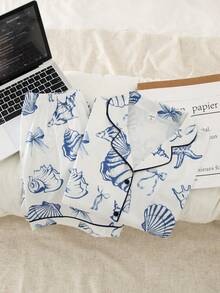 Bộ đồ ngủ bé gái - Áo ngủ ngắn tay và quần đùi cổ bẻ in hình nơ và vỏ sò cổ điển, thoải mái, gồm 2 mảnh. Bộ đồ đôi mẹ và bé (3 bộ bán riêng lẻ). - Nhiều màu - Xem 3