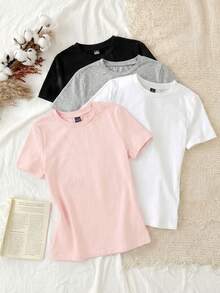 Tween Girls' Solid Color Round Neck Short Sleeve Casual Versatile T-Shirt - Multicolor - View 2