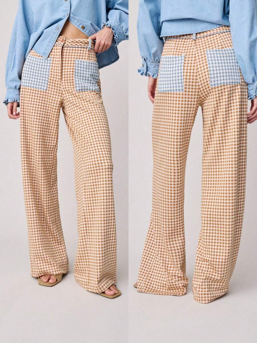 Nöista Gingham Medium-Waisted Pants With Contrasting Blue Checkered Pockets And Waist And Wide Leg. Spring, Summer, Pants. - Khaki - View 1