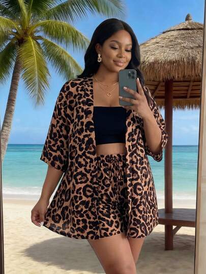 SHEIN Lady CURVE 2 Stücke Set in Großen Größen mit Leoparden-Muster Kurzjacke, lässig und für den täglichen Gebrauch