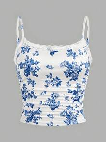 SHEIN Girlism Teen Girl Minimalist Korean Style Ditsy Floral Lace Trim Ruched Camisole And Ruched Waist Shorts Soft Comfortable Pajama Set, 2pcs - Blue and White - View 5