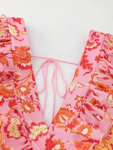 SHEIN Franclia 女士休闲度假约会装，波西米亚风V领荷叶边下摆撞色印花腰带连衣裙，春夏款 - 彩色 - 查看 8