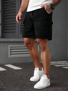 Manfinity Homme 加大码男士纯色斜插口袋休闲度假短裤 - 黑色 - 查看 6