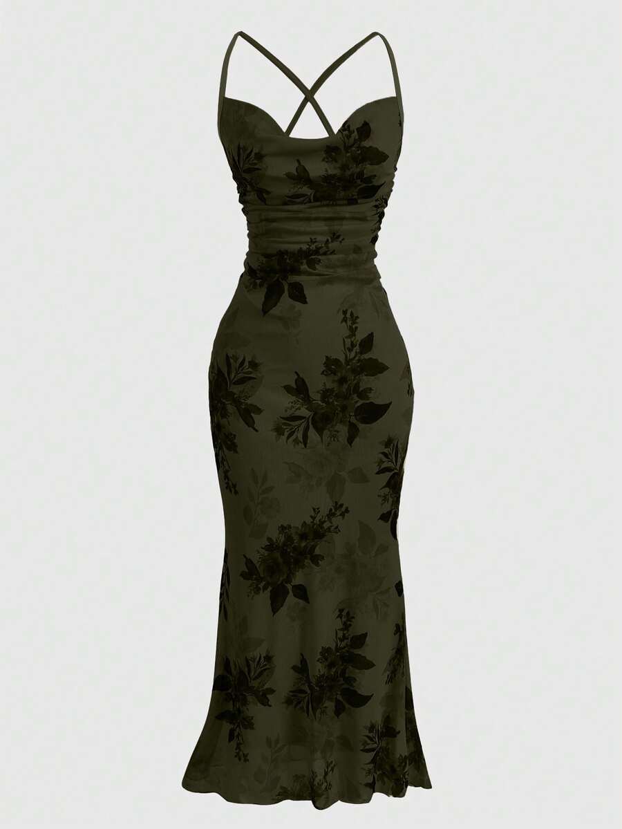 ROMWE Fairycore Women's Floral Print Pleated Drape Design Dress - Army Green - View 1