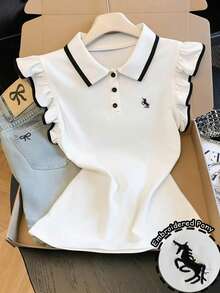 Resyla 女士独角兽刺绣 Polo 领短袖休闲 T 恤 - 黑與白 - 查看 5
