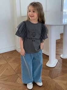 Young Girls Round Neck Ruffle Mesh Casual Short Sleeve English Letter Print T-Shirt - Grey - View 3