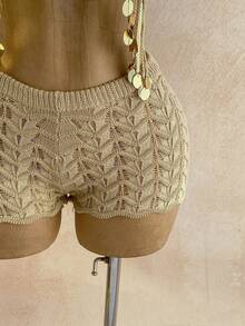 Soleia Bộ đồ 2 món dành cho nữ, áo len cổ yếm đính sequin và tua rua viền, gồm áo và quần short len, thích hợp cho kỳ nghỉ. - Màu be - Xem 5