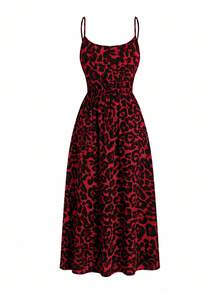 Gownix Plus Size Women Leopard Print Camisole Dress And Single-Breasted Short Sleeve Top Casual 2-Piece Set - Red - View 3