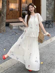 DAZY Women's Vacation Style Korean Shirt And Mini Skirt 2 Pieces Set - Apricot - View 6