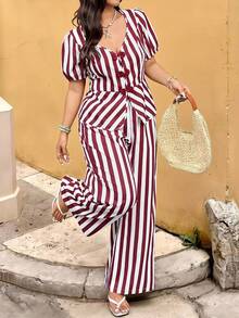 Vionelle Plus Size Striped Button-Up Cardigan And Pants Two Pieces Casual Vacation Set,White Summer Boho Holiday Women's 2 Pieces Outfit Brunch Pants Sets - Burgundy - View 1