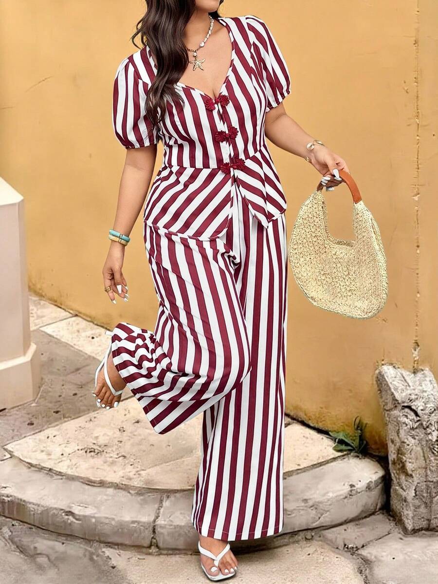 Vionelle Plus Size Striped Button-Up Cardigan And Pants Two Pieces Casual Vacation Set,White Summer Boho Holiday Women's 2 Pieces Outfit Brunch Pants Sets - Burgundy - View 1