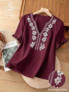 Linhara Plus Size Women Casual Minimalist Countryside Style Small V-Neck, Cotton Embroidered Fashion Ruffle Cuff Loose Blouse - Burgundy - View 1