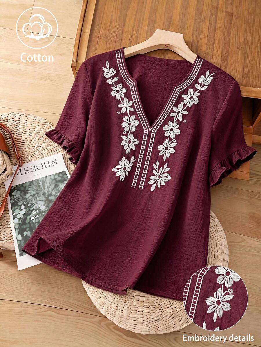 Linhara Plus Size Women Casual Minimalist Countryside Style Small V-Neck, Cotton Embroidered Fashion Ruffle Cuff Loose Blouse - Burgundy - View 1