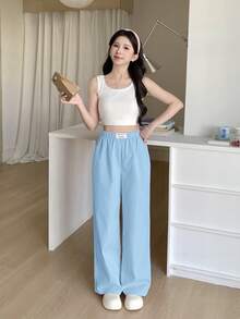 SHEIN بنطلون كاجوال وردي متعدد الاستخدامات مزين بشريط نسيجي ملصق نسيجي، مناسب للاستخرام المنزلي والأوقات الحرة - الأزرق - مشاهدة 5