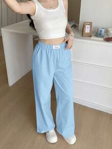 SHEIN بنطلون كاجوال وردي متعدد الاستخدامات مزين بشريط نسيجي ملصق نسيجي، مناسب للاستخرام المنزلي والأوقات الحرة - الأزرق - مشاهدة 7