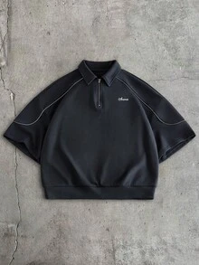AXEPEAK Áo polo nam kiểu dáng thể thao thường ngày, in chữ, viền tương phản, khóa kéo nửa thân, thích hợp cho mùa hè. - màu đen - Xem 1
