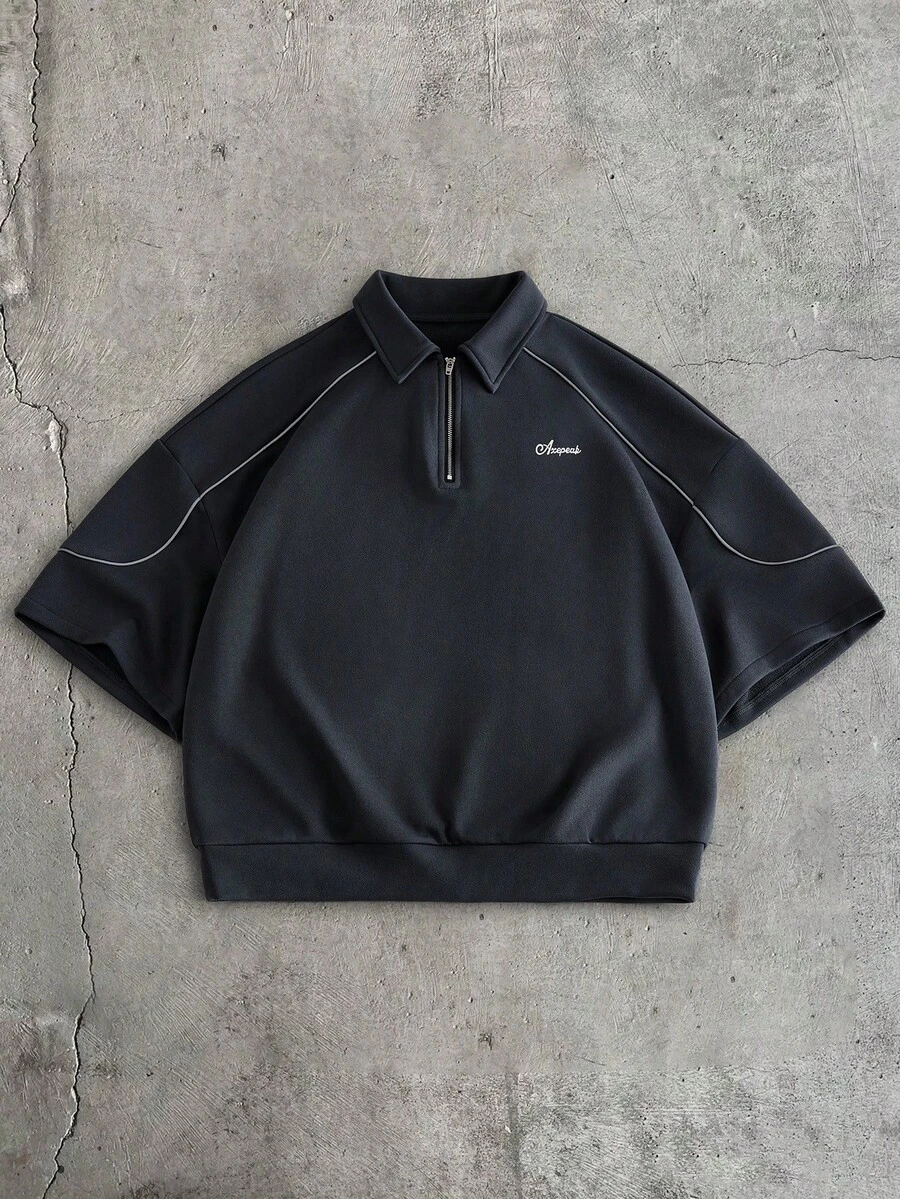 AXEPEAK Áo polo nam kiểu dáng thể thao thường ngày, in chữ, viền tương phản, khóa kéo nửa thân, thích hợp cho mùa hè. - màu đen - Xem 1