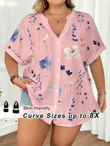 SHEIN CURVE+ Áo kiểu nữ cỡ lớn dáng rộng in hoa tay ngắn, thích hợp mặc mùa xuân/hè làm đồng phục giáo viên. - Hồng - Xem 1