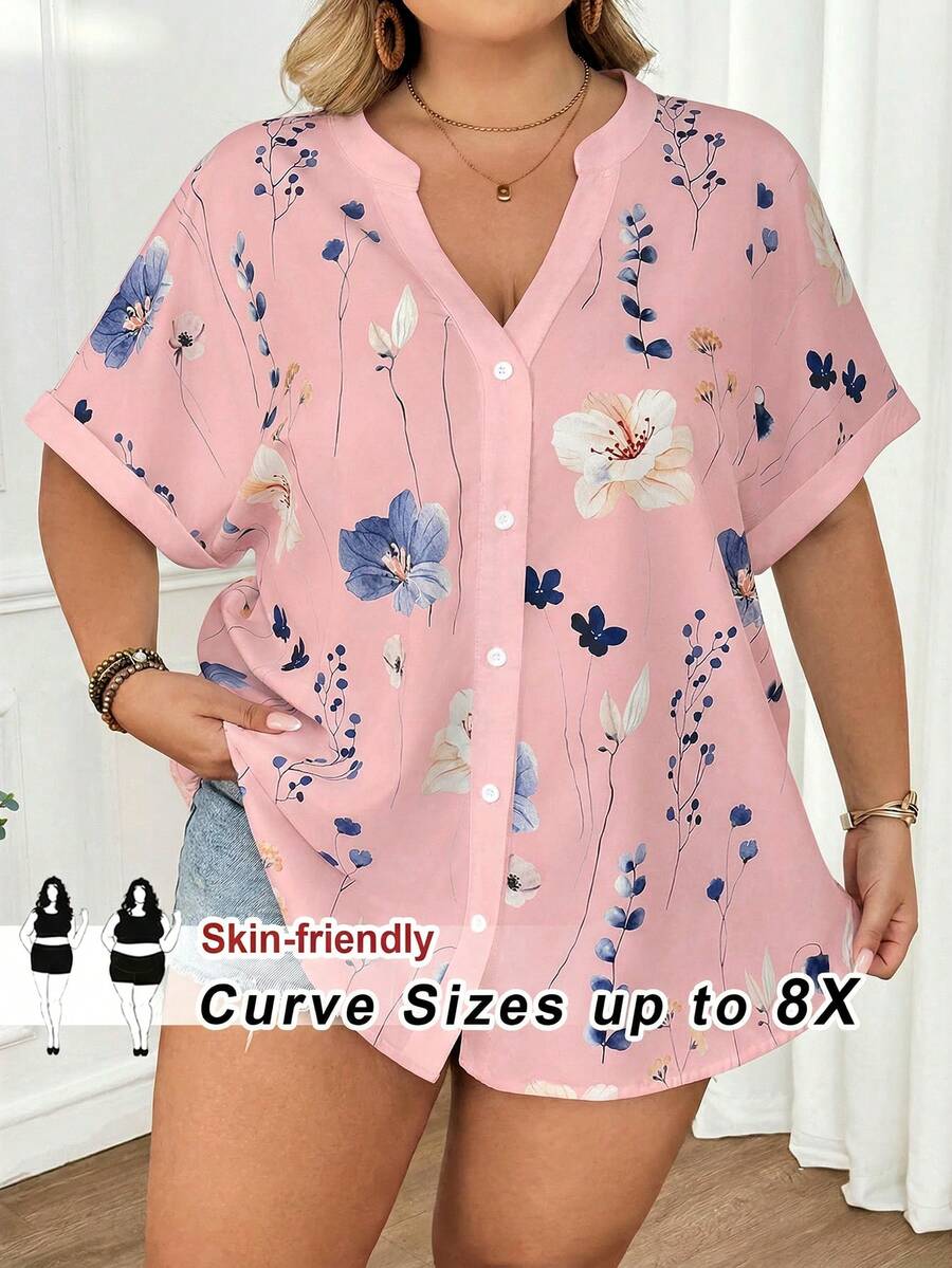 SHEIN CURVE+ Áo kiểu nữ cỡ lớn dáng rộng in hoa tay ngắn, thích hợp mặc mùa xuân/hè làm đồng phục giáo viên. - Hồng - Xem 1