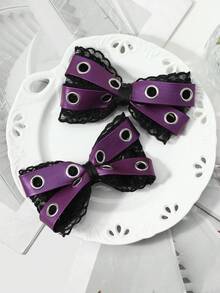 ROMWE Goth 2款Y2K甜美酷炫宝贝发夹，独特复古轻奢气质，高端质感，紫色系列，皮革光泽金属透气孔，黑色刺绣镂空蕾丝，双层蝴蝶结发夹，鸭嘴夹，侧边压扁发夹，组合套装，适合女孩、女士、姐妹、女友，日常佩戴，节日礼物 - 紫色-37 - 查看 12