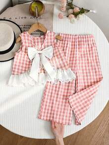 Emery Rose Kids Emery Rose Kids 2件套少女格子圆领休闲背心和裤子套装 - 粉色 - 查看 3