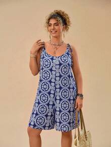 Travachic Plus Size Casual Vacation Floral Print Red Tie-Up Loose Strap Dress For Women - Blue and White - View 3