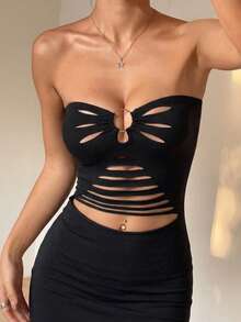 INAWLY Đầm ngắn ôm sát gợi cảm không dây vai, khoét lỗ dành cho nữ - màu đen - Xem 4