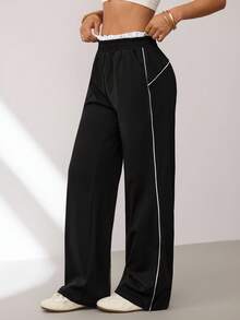 Dewbera Pantalones de chándal casuales y holgados con cintura elástica y ribete de contraste para mujer - Negro - Ver 1