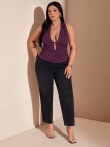 SHEIN BAE Plus Size Women's Dark Purple Classy Halter Tank Top,Summer Backless Ruched Top With Metal Button,Night Out Club Party Birthday Outfits 2026 - Purple - View 3