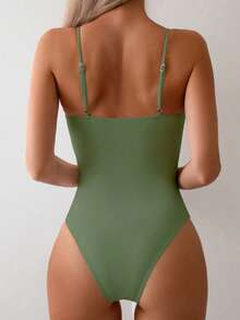 Swim Basics 1件纯色吊带连体泳衣，度假沙滩装 - 軍綠色 - 查看 2