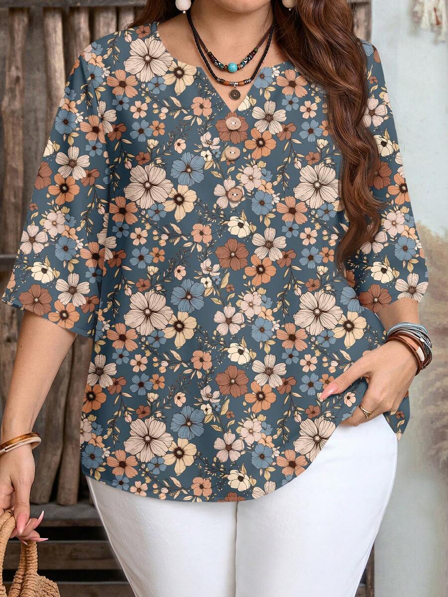 EMERY ROSE Casual Minimalist Style Vintage Ditsy Floral 3/4 Sleeve Shirt For Women, Suitable For Spring And Summer - Multicolor - View 1