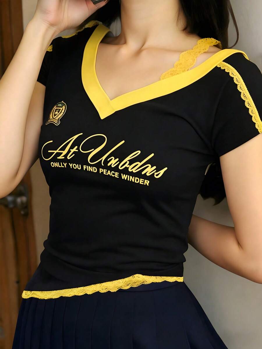 1pc Sweet & American Style Fitted Patchwork Contrast Color Floral Print T-Shirt With Lace Trim, Summer - Black - View 1
