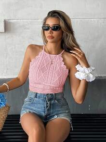 Serisse Women's Geometric Textured Contrast Lace Halter Crop Top,Pink Top - Pink - View 7