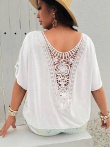 SHEIN LUNE Áo thun dáng rộng cỡ lớn, cổ xếp ly và viền hoa. - trắng - Xem 3