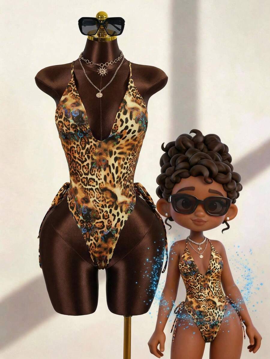 Zestiva 26SS 女士春夏沙滩套装，连体泳衣，性感迷人，优雅浪漫，海岛度假风，狂野霓虹亮色豹纹印花，深V领，多带露背设计，高开衩，连体裤 - 彩色 - 查看 1