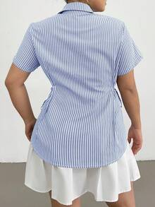 POPSWAY Blusa holgada de manga corta a rayas con cintura ceñida para mujer de talla grande - Multicolor - Ver 2
