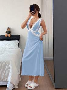 SHEIN 蕾丝边V领露背长款睡裙（女士款） - 淺藍色 - 查看 4