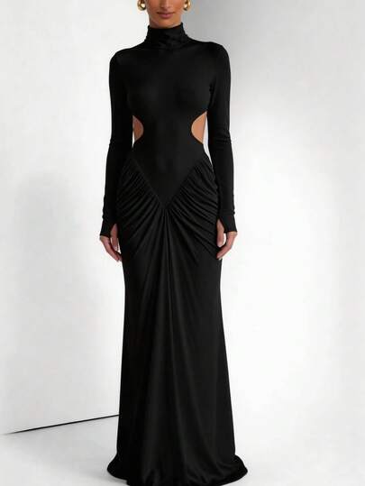 Vestido Largo Ajustado Drapeado de Cuello Alto con Manga Larga para Mujer
