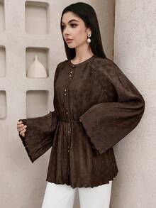 Veilorie New Textured Pleated Tie-Cinched Waist Elegant Versatile Daily Wear & Party Blouse - Brown - View 3