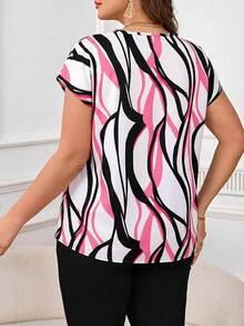 SHEIN Clasi Camisa de manga corta con estampado geométrico para mujer de talla grande - Rosa Fucsia - Ver 2