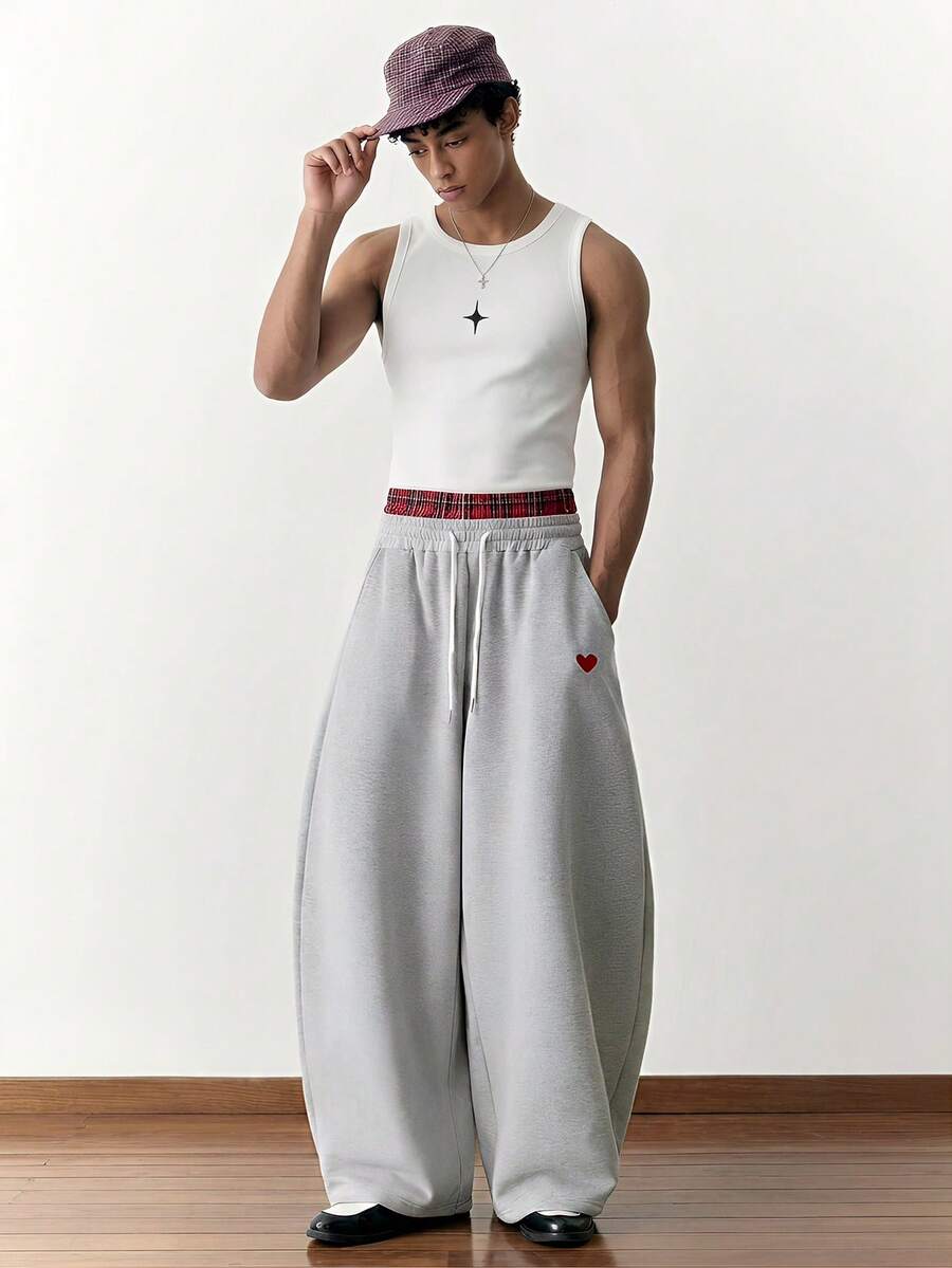 SWAVVY Quần thể thao nam dáng rộng, thoải mái, màu xám, có hai cạp quần thêu họa tiết, thích hợp cho mùa hè, xuân và thu. - Xám - Xem 1