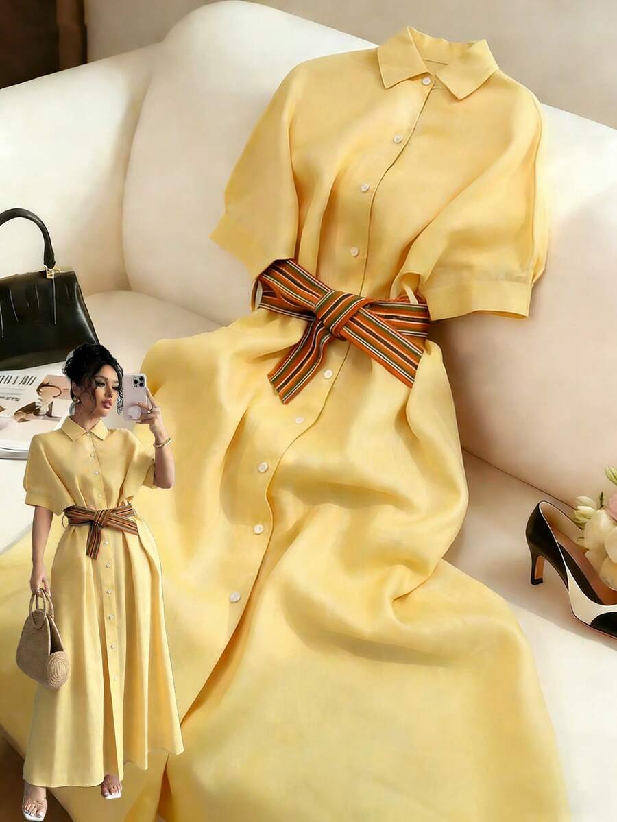 GlowEve Vestido camisero casual de manga corta con estampado de murciélagos para mujer - Amarillo - Ver 1