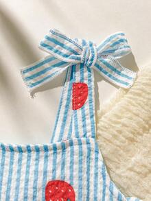 SHEIN Playful Pals 2件套女婴幼儿/新生儿0-3岁休闲日常可爱度假条纹蝴蝶结装饰吊带背心+短裤套装，春夏款 - 藍色 - 查看 6