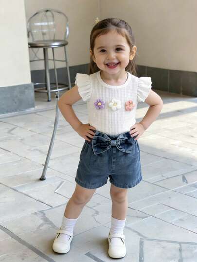 SHEIN Vintaside Kids 女婴休闲可爱街头风白色罗纹无袖上衣，饰有彩色3D立体花朵图案；搭配腰间蝴蝶结装饰的牛仔短裤，夏季套装