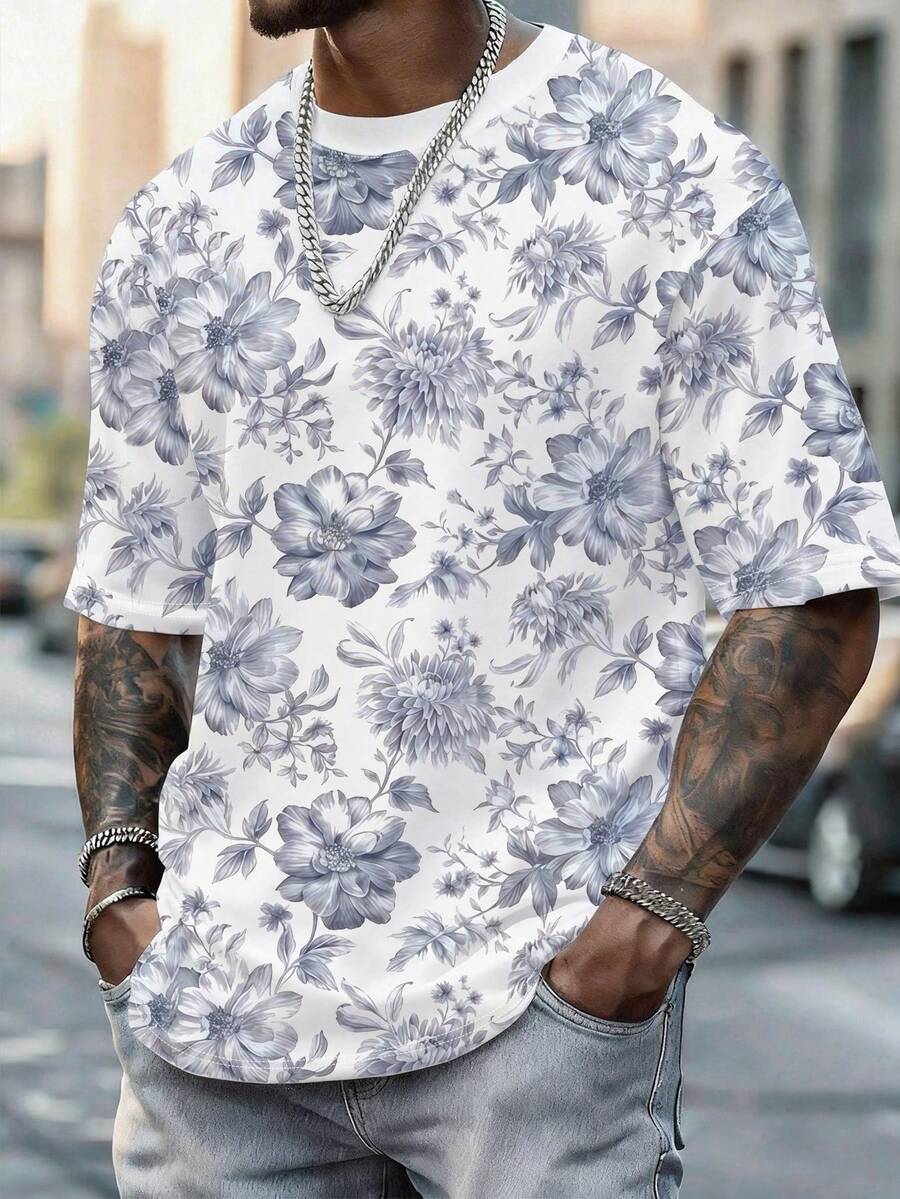 Manfinity Dauomo Plus Size Men's Loose Fit Short Sleeve Casual Floral Print Top, Suitable For Outdoor, Daily Wear, Summer - Multicolor - View 1