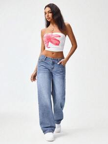 SHEIN ICON 女士口袋纽扣休闲百搭日常穿着阔腿牛仔裤 - 淺藍色 - 查看 3