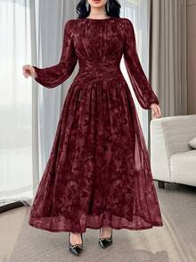 Feyla Plus Size Elegant Butterfly Print Waist Cinched Long Dress - Multicolor - View 2