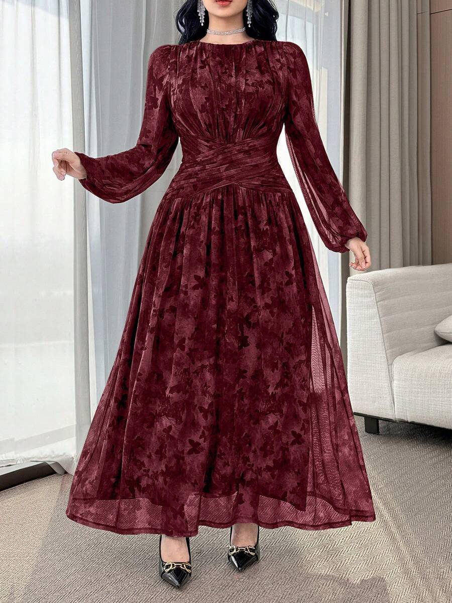 Feyla Plus Size Elegant Butterfly Print Waist Cinched Long Dress